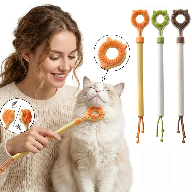 3‑In‑1 Adjustable Cat Massage Wand, Retractable Cat Scratcher Grooming Brush with Dual‑Surface Soft Nubs & Interactive Teaser Strings, Long Handle Pet Self‑Grooming Toy for Indoor Cats Kittens
