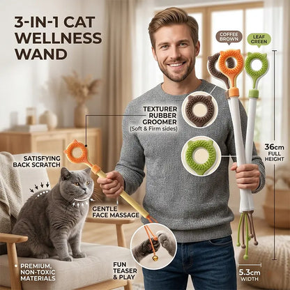 3‑In‑1 Adjustable Cat Massage Wand, Retractable Cat Scratcher Grooming Brush with Dual‑Surface Soft Nubs & Interactive Teaser Strings, Long Handle Pet Self‑Grooming Toy for Indoor Cats Kittens