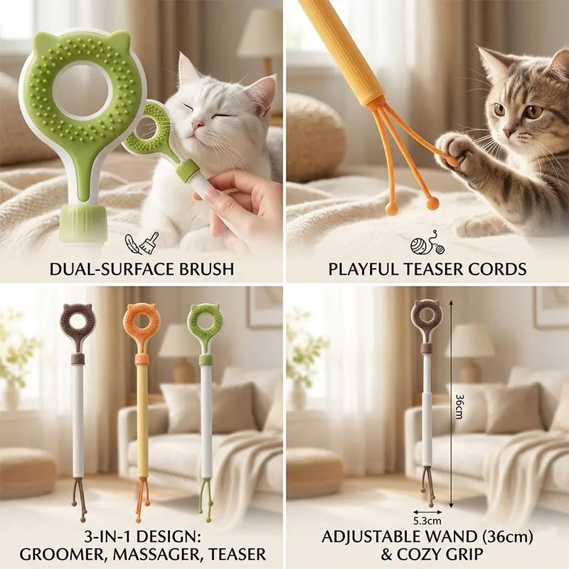 3‑In‑1 Adjustable Cat Massage Wand, Retractable Cat Scratcher Grooming Brush with Dual‑Surface Soft Nubs & Interactive Teaser Strings, Long Handle Pet Self‑Grooming Toy for Indoor Cats Kittens