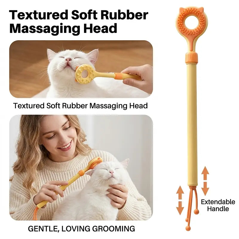3‑In‑1 Adjustable Cat Massage Wand, Retractable Cat Scratcher Grooming Brush with Dual‑Surface Soft Nubs & Interactive Teaser Strings, Long Handle Pet Self‑Grooming Toy for Indoor Cats Kittens